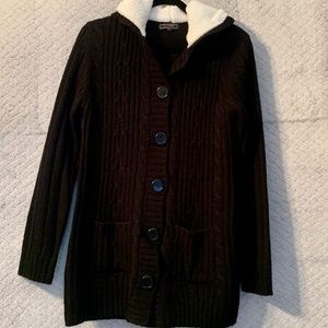 EFFECI BLACK SWEATER, LONG CABLE KNIT lined white LAMB FEEL HOODIE, size M